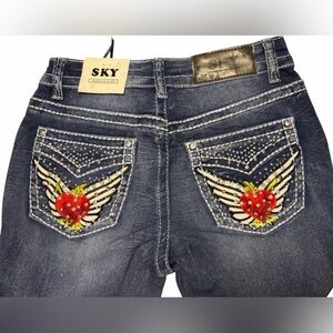 Women's SKY Collection Blue Low Rise Jeans back pocket bedazzled design